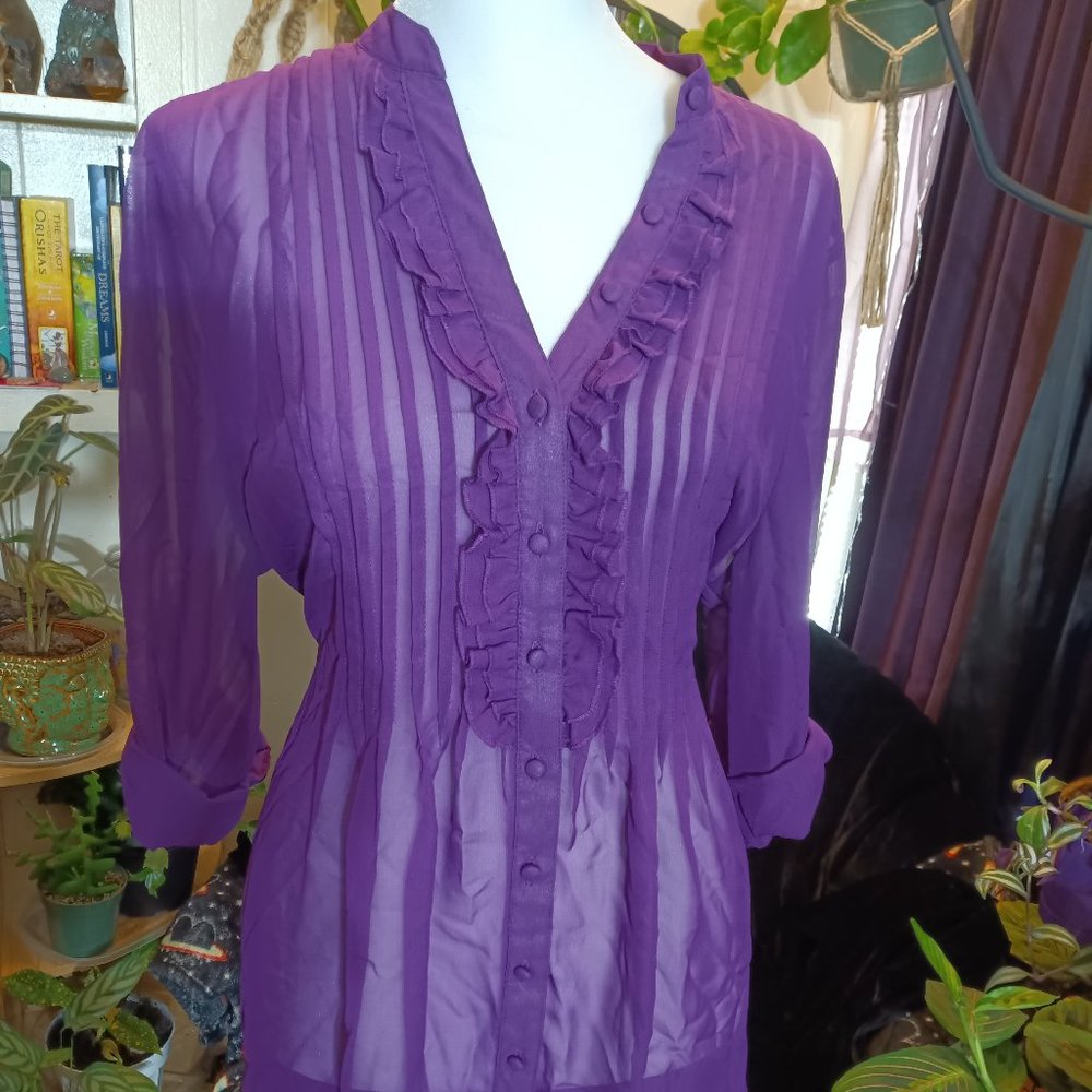 Electric purple sheer blouse with ruffles